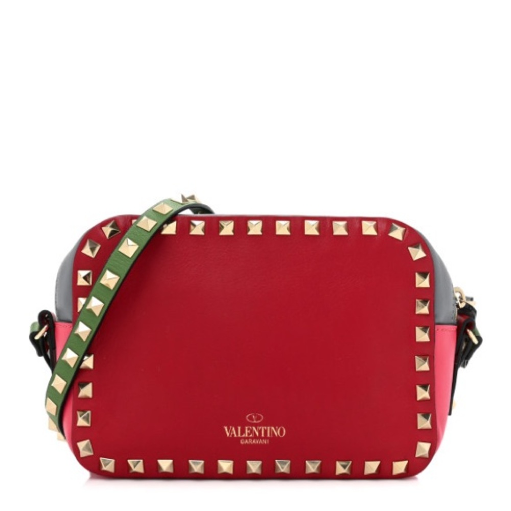 VALENTINO 
Vitello Colorblock Rockstud Camera Crossbody Bag Deep Rose Clover